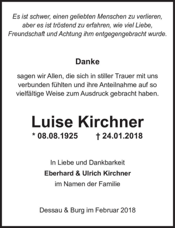 Traueranzeige von Luise Kirchner  von Magdeburger Volksstimme
