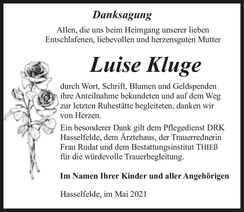  Traueranzeige für Luise Kluge  vom 29.05.2021 aus Magdeburger Volksstimme