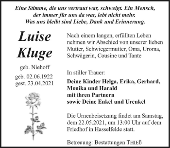 Traueranzeige von Luise Kluge (geb. Niehoff)  von Magdeburger Volksstimme