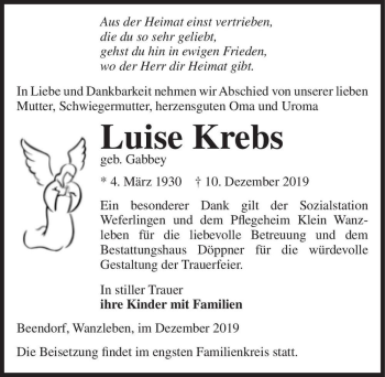 Traueranzeige von Luise Krebs (geb. Gabbey)  von Magdeburger Volksstimme