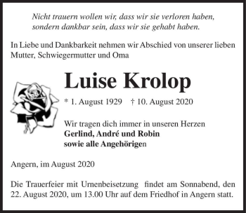 Traueranzeige von Luise Krolop  von Magdeburger Volksstimme