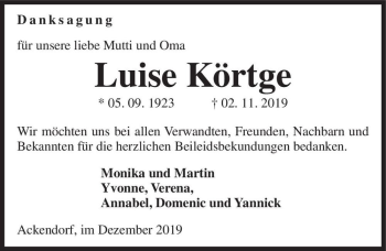 Traueranzeige von Luise Körtge  von Magdeburger Volksstimme