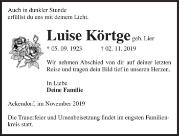 Traueranzeige von Luise Körtge (geb. Lier)  von Magdeburger Volksstimme