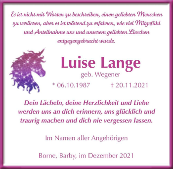 Traueranzeige von Luise Lange (geb. Wegener)  von Magdeburger Volksstimme