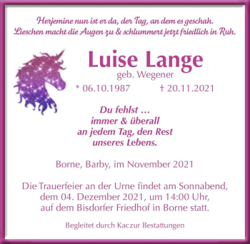 Traueranzeige von Luise Lange (geb. Wegener)  von Magdeburger Volksstimme