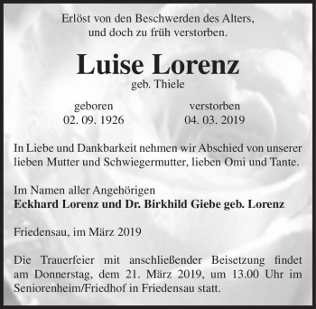 Traueranzeige von Luise Lorenz (geb. Thiele)  von Magdeburger Volksstimme