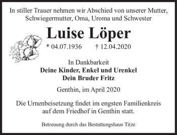 Traueranzeige von Luise Löper  von Magdeburger Volksstimme