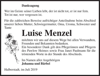 Traueranzeige von Luise Menzel  von Magdeburger Volksstimme