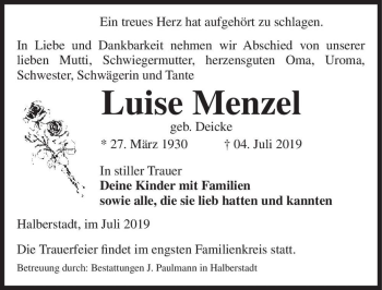 Traueranzeige von Luise Menzel (geb. Deicke)  von Magdeburger Volksstimme