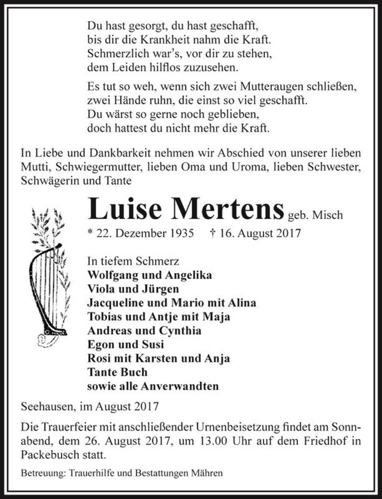  Traueranzeige für Luise Mertens (geb. Misch)  vom 19.08.2017 aus Magdeburger Volksstimme