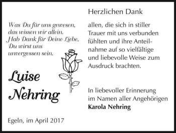 Traueranzeige von Luise Nehring  von Magdeburger Volksstimme