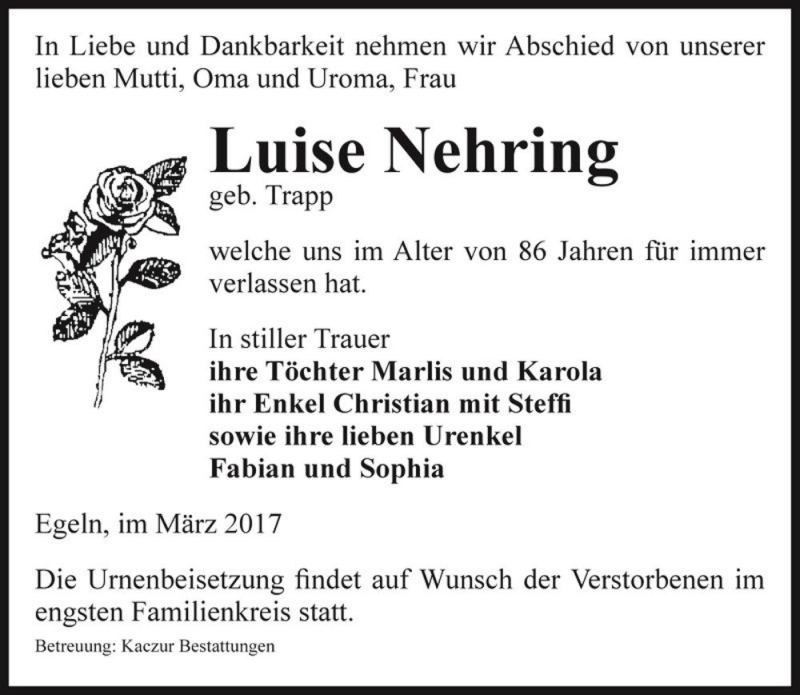  Traueranzeige für Luise Nehring (geb. Trapp)  vom 01.04.2017 aus Magdeburger Volksstimme