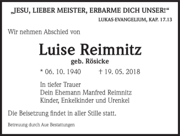 Traueranzeige von Luise Reimnitz (geb. Rösicke)  von Magdeburger Volksstimme