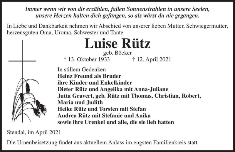  Traueranzeige für Luise Rütz (geb. Böcker)  vom 30.04.2021 aus Magdeburger Volksstimme