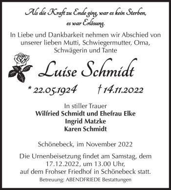 Traueranzeige von Luise Schmidt  von Magdeburger Volksstimme