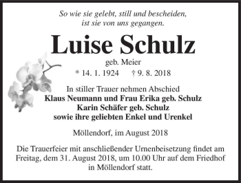 Traueranzeige von Luise Schulz (geb. Meier)  von Magdeburger Volksstimme