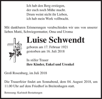 Traueranzeige von Luise Schwendt  von Magdeburger Volksstimme