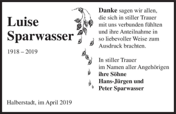 Traueranzeige von Luise Sparwasser  von Magdeburger Volksstimme