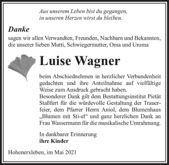 Traueranzeige von Luise Wagner  von Magdeburger Volksstimme