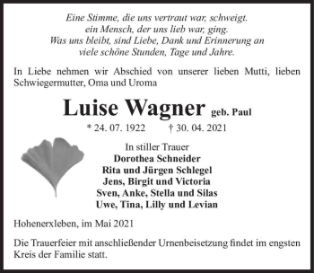 Traueranzeige von Luise Wagner (geb. Paul)  von Magdeburger Volksstimme