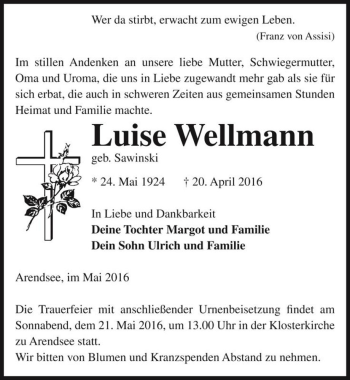 Traueranzeige von Luise Wellmann (geb. Sawinski)  von Magdeburger Volksstimme