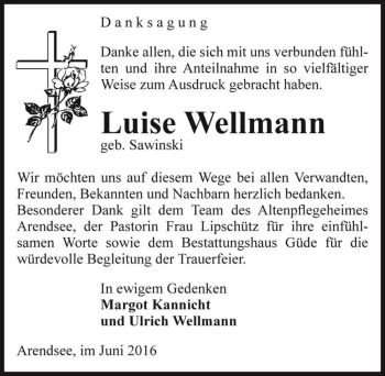 Traueranzeige von Luise Wellmann (geb. Sawinski)  von Magdeburger Volksstimme