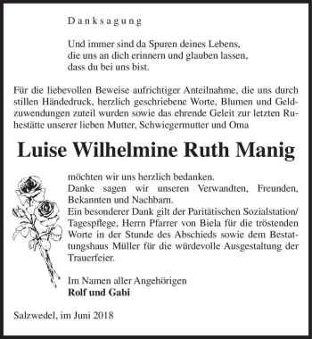 Traueranzeige von Luise Wilhelmine Ruth Manig  von Magdeburger Volksstimme
