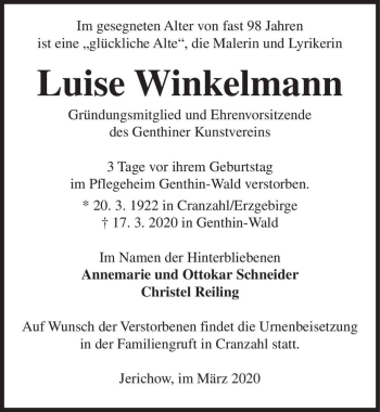 Traueranzeige von Luise Winkelmann  von Magdeburger Volksstimme