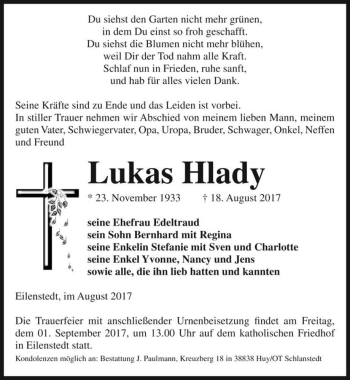Traueranzeige von Lukas Hlady  von Magdeburger Volksstimme