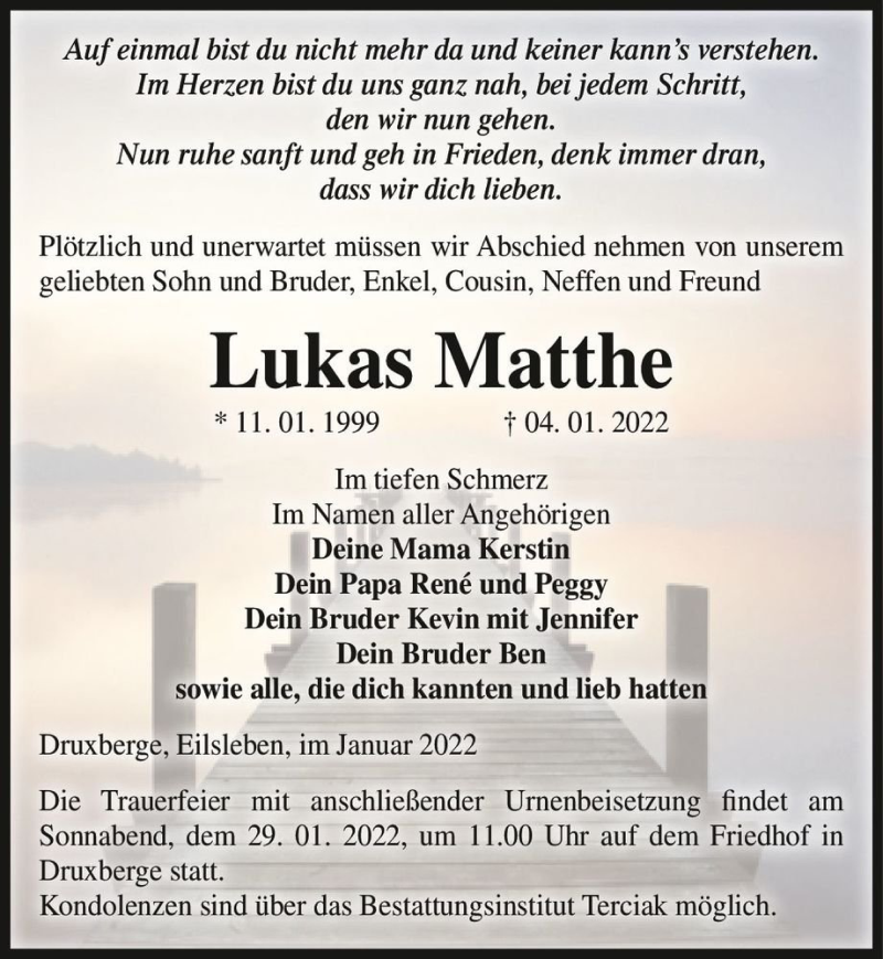  Traueranzeige für Lukas Matthe  vom 15.01.2022 aus Magdeburger Volksstimme
