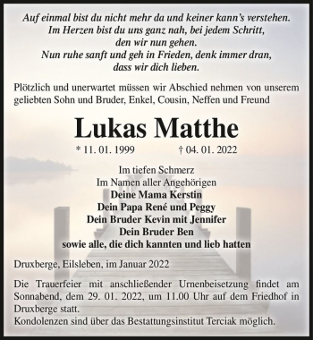 Traueranzeige von Lukas Matthe  von Magdeburger Volksstimme