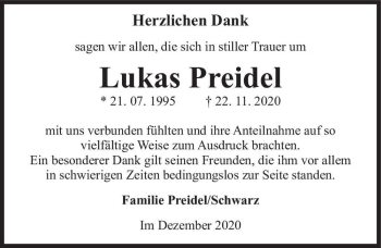 Traueranzeige von Lukas Preidel  von Magdeburger Volksstimme