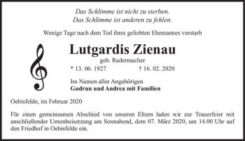 Traueranzeige von Lutgardis Zienau (geb. Radermacher)  von Magdeburger Volksstimme