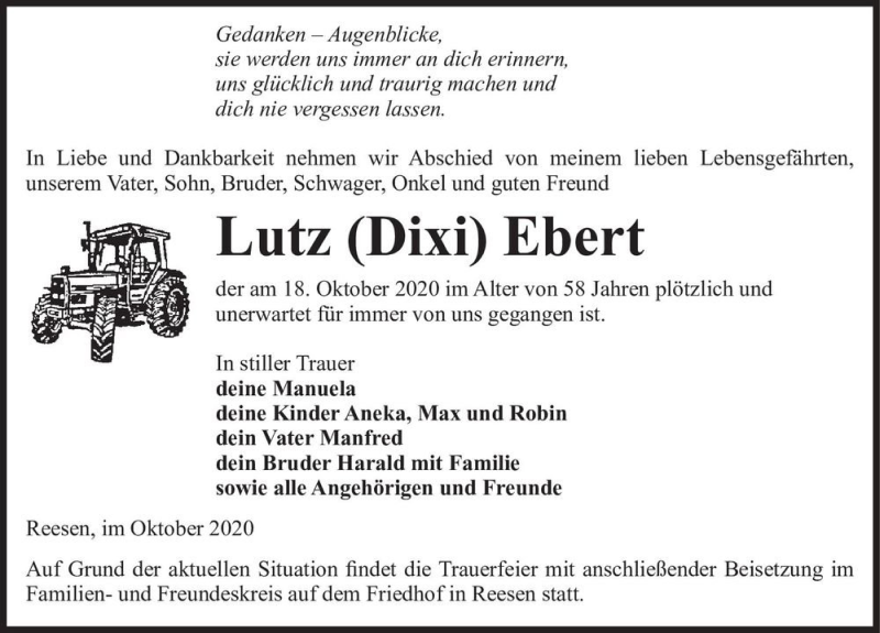  Traueranzeige für Lutz (Dixi) Ebert  vom 24.10.2020 aus Magdeburger Volksstimme
