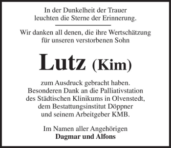 Traueranzeige von Lutz (Kim)  von Magdeburger Volksstimme