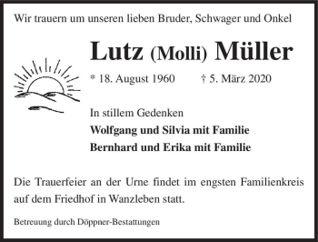 Traueranzeige von Lutz (Molli) Müller  von Magdeburger Volksstimme