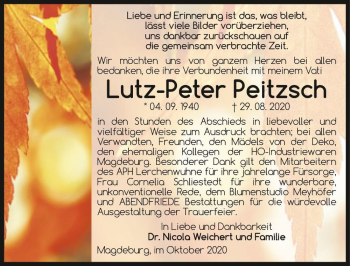 Traueranzeige von Lutz-Peter Peitzsch  von Magdeburger Volksstimme