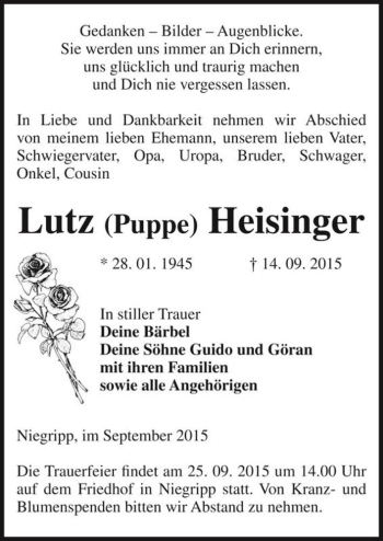 Traueranzeige von Lutz (Puppe) Heisinger  von Magdeburger Volksstimme