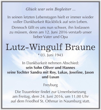 Traueranzeige von Lutz-Wingulf Braune  von Magdeburger Volksstimme