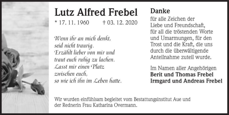  Traueranzeige für Lutz Alfred Frebel  vom 19.12.2020 aus Magdeburger Volksstimme