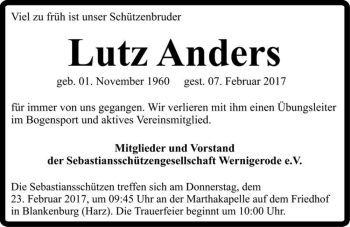 Traueranzeige von Lutz Anders  von Magdeburger Volksstimme
