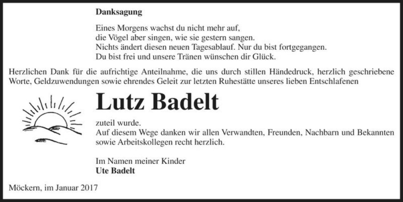  Traueranzeige für Lutz Badelt  vom 04.02.2017 aus Magdeburger Volksstimme