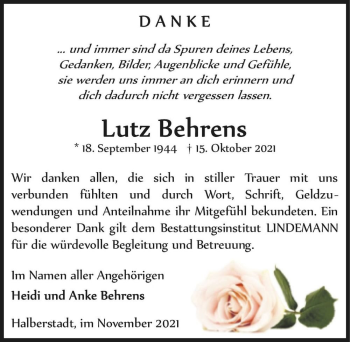 Traueranzeige von Lutz Behrens  von Magdeburger Volksstimme