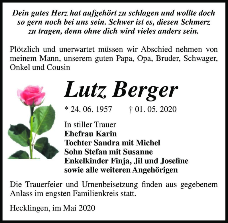  Traueranzeige für Lutz Berger  vom 09.05.2020 aus Magdeburger Volksstimme