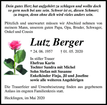 Traueranzeige von Lutz Berger  von Magdeburger Volksstimme