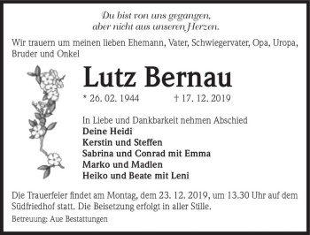 Traueranzeige von Lutz Bernau  von Magdeburger Volksstimme