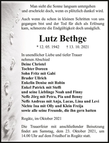 Traueranzeige von Lutz Bethge  von Magdeburger Volksstimme
