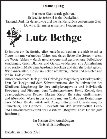 Traueranzeige von Lutz Bethge  von Magdeburger Volksstimme