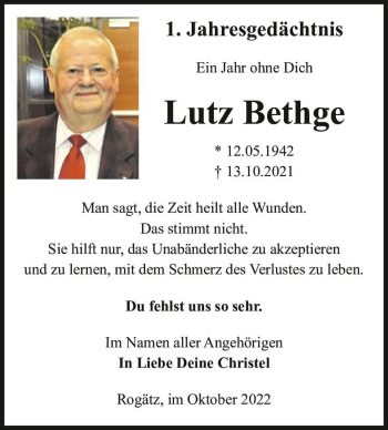 Traueranzeige von Lutz Bethge  von Magdeburger Volksstimme