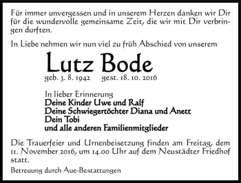 Traueranzeige von Lutz Bode  von Magdeburger Volksstimme